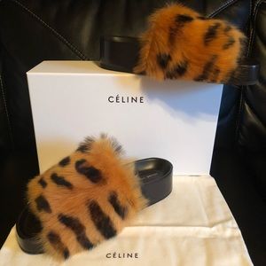 Céline leopard-print black & orange fur slides NWT